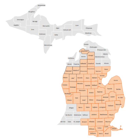 A map of michigan with orange and gray statesAI-generated content may be incorrect.